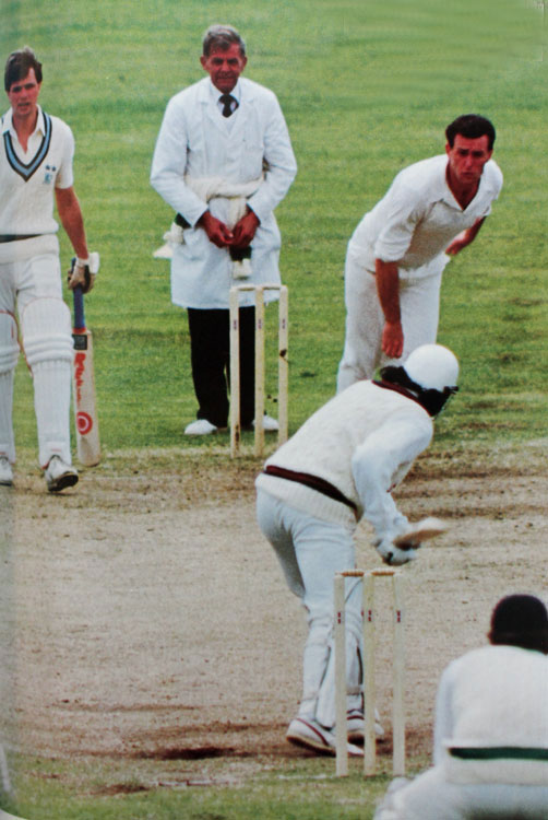 Paul McCrum bowling to Gehan Mendis