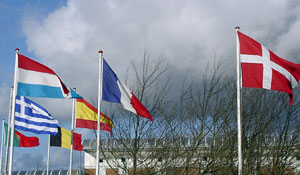 Flags flying at the Herning Sportscenter (Photo: Barry Chambers)