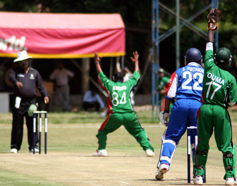 Kenya v Bermuda: Janeiro Tucker is lbw to Kenyan spinner Hiren Varaiya