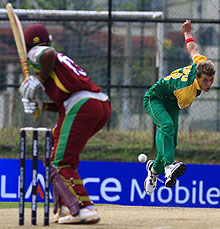 South Africa bowler Matthew Arnold bowls to West Indies Darren Bravo