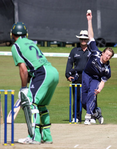 John Blain bowling agaainst Ireland in the recent ODIin Aberdeen