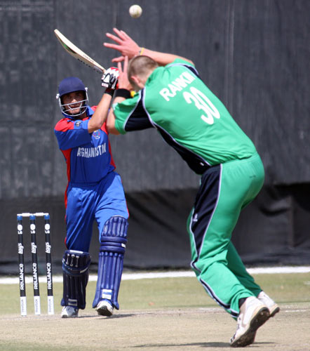 Raiz smashes a boundary back past Boyd Rankin (Photo: CricketEurope)