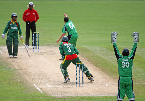 A successful appeal from Stuart Thompson in the Plate Final against Bangladesh (© CricketEurope)