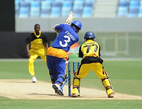 Namibia's Sarel Burger is clean bowled by Uganda's Davis Arinaitwe for 0 (ICC/Ian Jacobs)