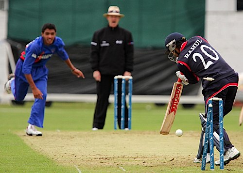 Nepal's Rahul Vishwakarma is bowled against Afghanistan, but it is a no ball!