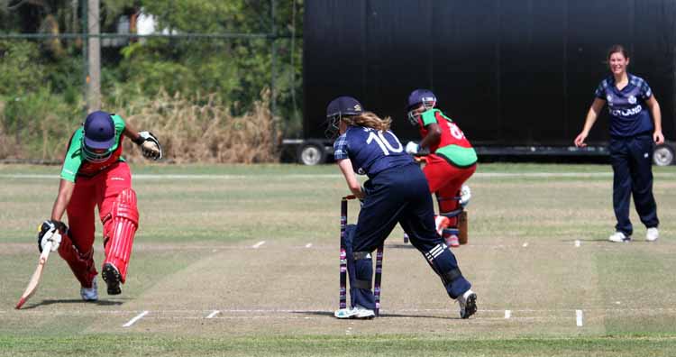 Lorna Jack completes a run out for Scotland against Zimbabwe