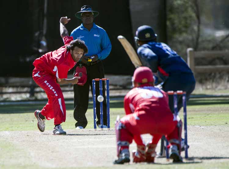 Aftab Ahmed bowling against USA at the 2016 WCL 4 tournament in Los Angeles.