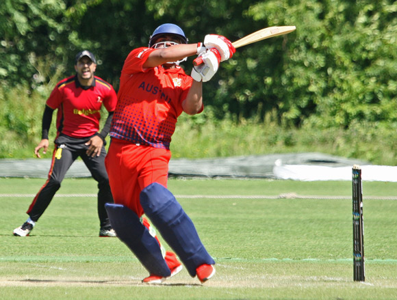 Mahammad Zalmai during his innings of 77 against Belgium in the 2017 European Division 1 encounter