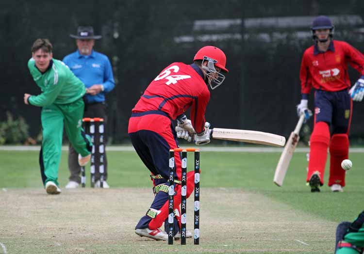 Ireland's Josh Little finds the edge against Jersey (© CricketEurope)