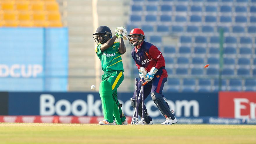 Jersey v Nigeria Daniel Ajekun is bowled by Eliot Miles (ICC)