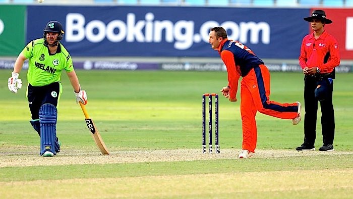 Roeloef van der Merwe of The Netherlands bowled an excellent spell to put the brakes on the Irish batsmen (ICC)