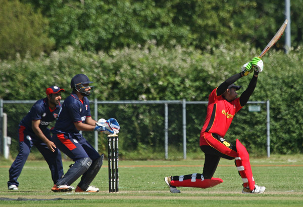 Belgium's Mamoon Latif hits out against Norway in the 2017 European Division 1 encounter