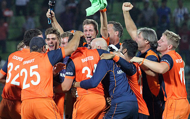 The Dutch players celebrate a memorable victory