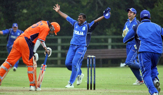 The celebrations begin as the last Dutch wicket is taken