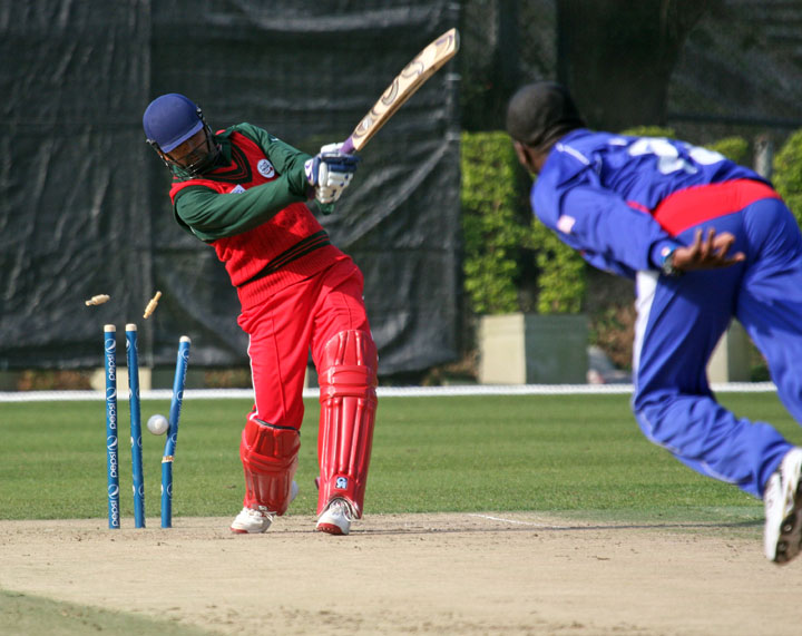 USA v Oman 2011: Keith Darlington bowls Hemin Desai