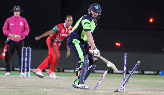 Kevin O'Brien is bowled by Munish Ansari