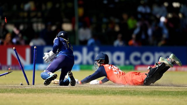 Scott Edwards is run out during the Dutch run chase