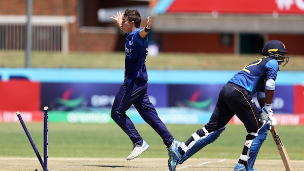 Zacheo van Vuuren celebrates taking a wicket for Namibia