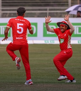 Canada celebrate a wicket