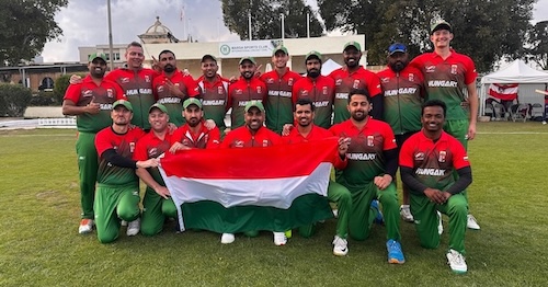 The Hungary squad with their flag