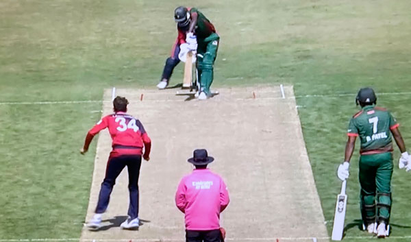 Peter Langat is bowled by Josh Lawrenson