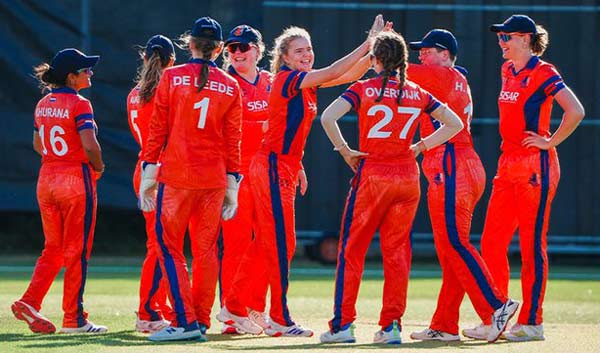 Dutch fielders celebrate a wicket