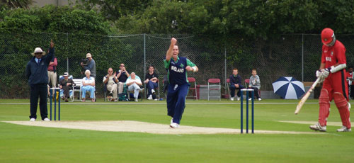 John Davison of Canada is out lbw to Ireland's Trent Johnston